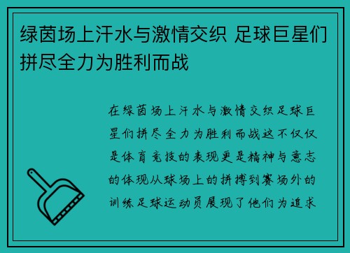 绿茵场上汗水与激情交织 足球巨星们拼尽全力为胜利而战