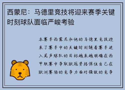 西蒙尼：马德里竞技将迎来赛季关键时刻球队面临严峻考验