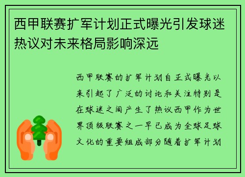 西甲联赛扩军计划正式曝光引发球迷热议对未来格局影响深远
