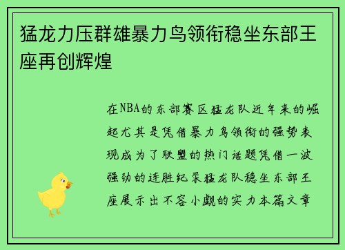 猛龙力压群雄暴力鸟领衔稳坐东部王座再创辉煌