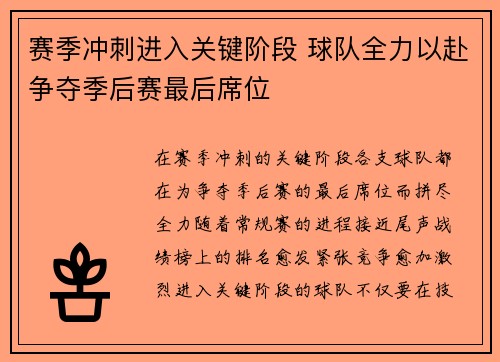 赛季冲刺进入关键阶段 球队全力以赴争夺季后赛最后席位